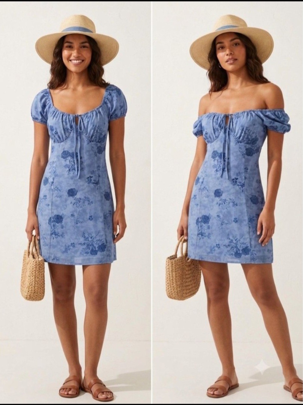 Pink Republic Blue Floral Puff-Sleeve Tie-Front Mini Dress. Size XS